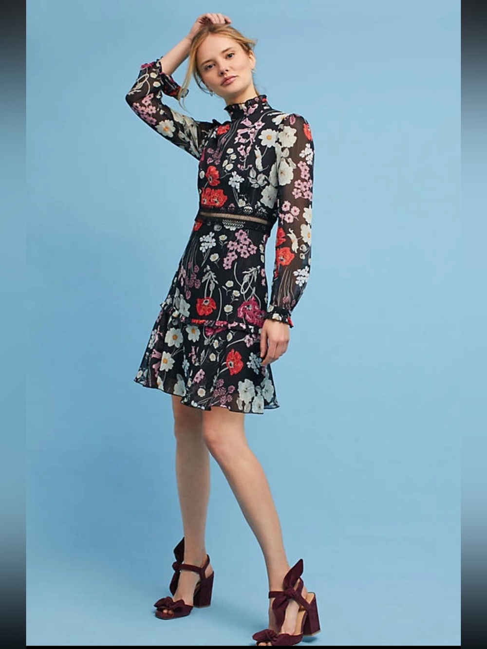 Donna Morgan Black Floral Long-Sleeve Ruffle Dress